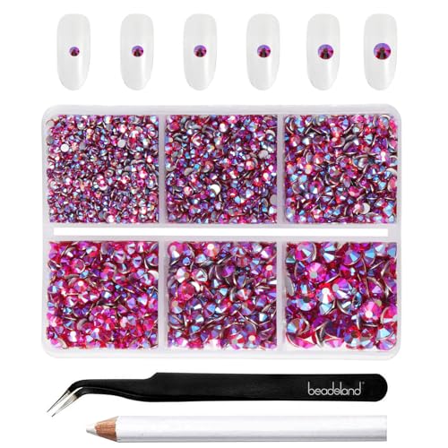 Image of Beadsland 4300pcs Flatback Rhinestones, Red AB Rhinestone Nail Gems Round Crystal Rhinestones for Crafts,Mixed 6 Sizes with Picking Tweezers and Wax Pencil Kit, SS6-SS20, Light Siam AB