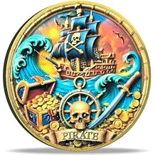 Pirate Challenge Coin with Skull and Ship Design - Treasure Island Adventure Coin, 1.57 with Protective Case