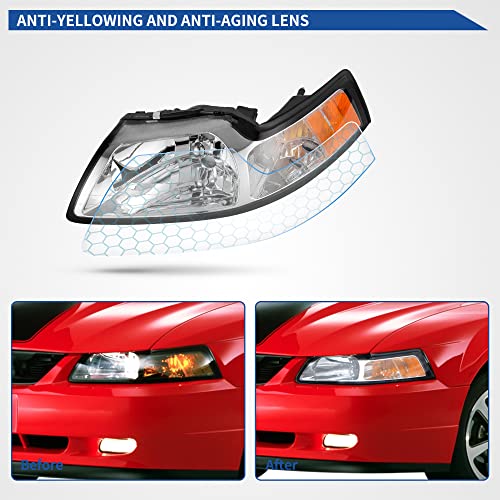Image of oEdRo Headlight Assembly Compatible with 1999-2004 Ford Mustang, Headlamp with Amber Reflector Chrome Housing - Driver and Passenger Side