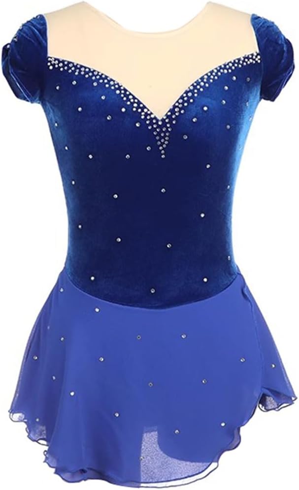 Women's Figure Ice Skating Dress Velvet Short Sleeve Rhinestones Gymnastics Leotard Ballet Dance Wear Outfit