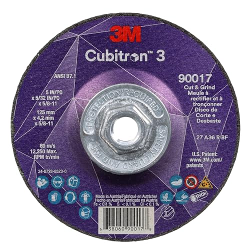 Image of 3M Cubitron 3 Cut and Grind Wheel, 90017, 36+, T27, 5 in x 5 /32 in x 5 /8 in-11, Pack of 10, ANSI, Longer Life, Faster Cut, Back-Gouging, Fillet Weld Removal, Cutting, Grinding