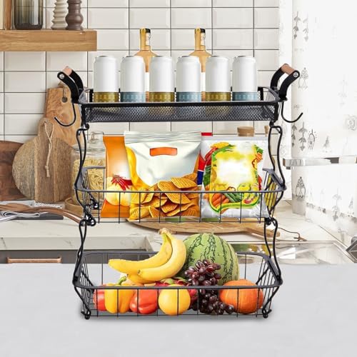 Cesta de frutas de 3 niveles en rejilla de metal reforzado con colgador de plátanos 4