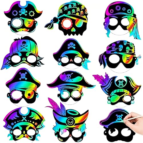 Qpout 48 Máscaras de pirata arco-íris para arranhar, arte para arranhar, tema pirata, aniversário, Halloween, festa, máscara, artesanato, máscara
