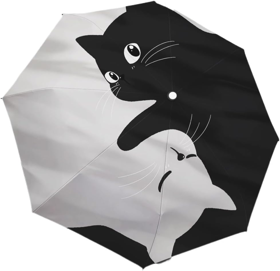Cute Cat Folding Umbrella Casual Creative Black Cat And White Cat Shade Sun Protection Rain Umbrella Umbrella Woman