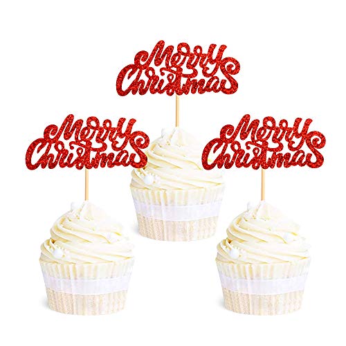 Ercadio 36 Pack Red Merry Christmas Cupcake Toppers Glitter Xmas Holiday Cupcake Picks Christmas Party Cake Decorations #TOP22