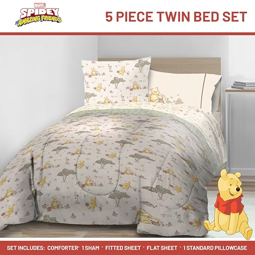 Image of Jay Franco Kids Bed Set, Beige, Winnie The Pooh, 5 Piece Twin | Cozy Soft Bedding for Stylish Room Decor with Comforter, Sheets & Pillow Covers
