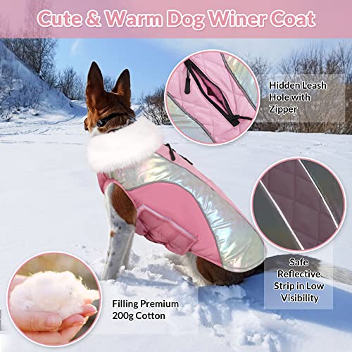 Sawmong Laser Dog Coat For Cold Weather, Adjustable Dog Jacket With Faux Fur Collar, Waterproof & Reflective Dog Winter Coat Vest With Leash Hole Pet Apparel For Medium Large Dogs,Pink Xs #TOP3