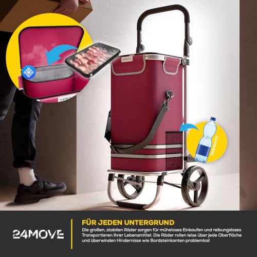 24MOVE® Einkaufstrolley Vehlo klappbar mit 55L inkl. Kühlfach, Faltbarer 3in1 Trolley - Sackkarre und Tasche, bis 40kg belastbar, rot – Ansicht 5