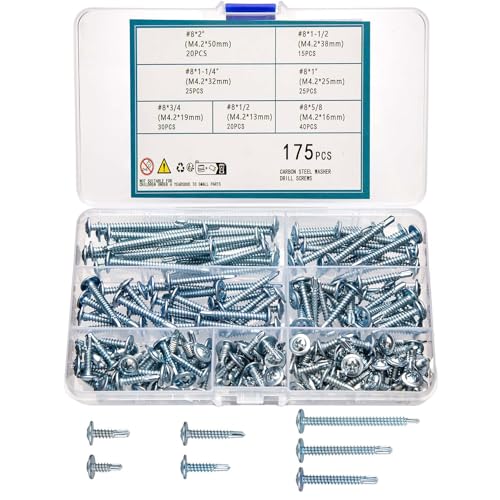 QOOSIKICC 175 Pcs Self Tapping Screws for Metal Wood & Plastic, Self Drilling Tek Screw Assortment Kit