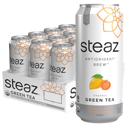 Steaz Zero Calorie Iced Green Tea, Peach Mango, 16 Ounce (Pack of 12)