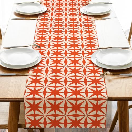 Croar Orange Tile Geometric Modern Dining Table Runner, Mid Century Vintage
