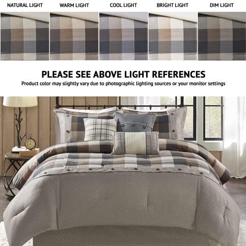 Madison Park Ridge Comforter Set-Cabin Lodge Plaid Herringbone Design All Season Down Alternative Cozy Bedding With Matching Bedskirt, Shams, Decorative Pillow, King(104"X92"), Neutral 7 Piece #TOP1