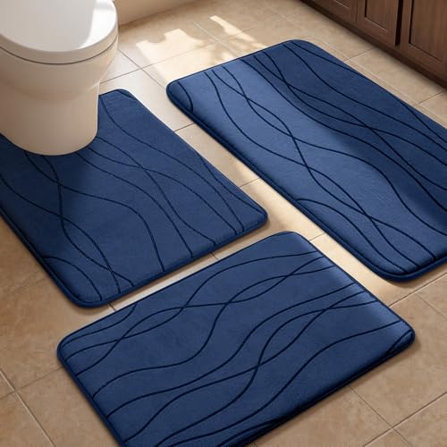 YIHOUSE Bathroom Rugs Set 3 Piece, Memory Foam Bath Mat Navy Blue