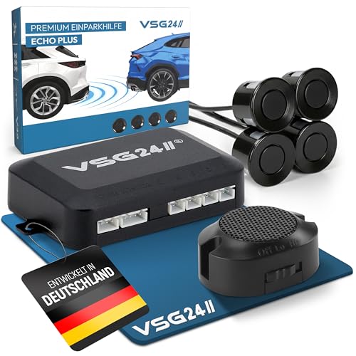 VSG24 Premium Einparkhilfe hinten zum nachrüsten am Auto, PDC Parksensoren hinten mit Stecksystem für einfachste Montage Rückfahrwarner mit Lautsprecher & 4 Sensoren Parkhilfe Nachrüstsatz Schwarz