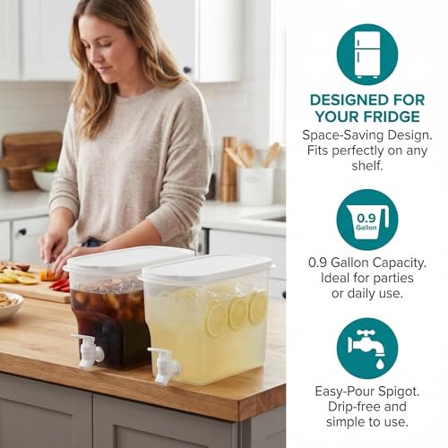 Jucoan 2 Pack 0.9 Gallon Fridge Beverage Drink Dispenser with Leak-proof Spigot, Plastic Cold Drink Juice Beverage Dispenser Jug for Party Drink, Juice, Iced Tea, Lemonade, Cold Brew