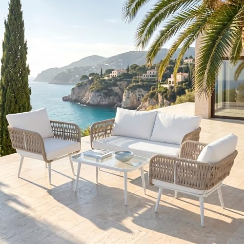 Image of BRISHI Outdoor Sofa Set || Balcony Sofa || Patio Furniture Sets | Conversation Sets | Braid & Rope Garden Seater Sofa Set and Center Table (4 Seater Beige-White)
