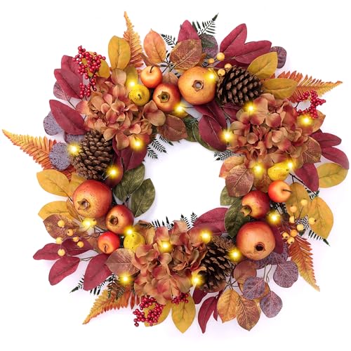 DecorbyHannah Fall Wreaths for Front Door, 24 Inch Collasible Lighted