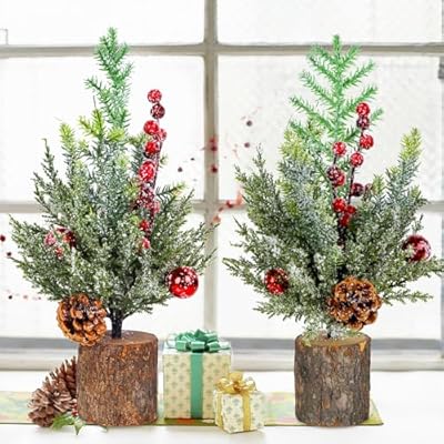 Blissun 17" Mini Christmas Tree with Lights, Small Christmas Tree, Artificial Christmas Pine Trees with Wooden Base, Mini Christmas Pine Tree for Christmas Table Decorations