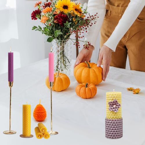 Bienenwachsplatten für Kerzen 12 Stück, 20x20 cm Wachsplatten Regenbogen zum Verzieren von Kerzen für Selbstgestalten, Kerzenwachs Platten für Ostern & Kommunion mit Formen, Kinderscheren & Anleitung