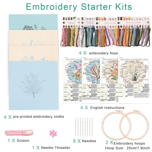 Image of Harimau Adult Beginner Embroidery Starter Kit, Complete Set with 4 Patterns, 2 Hoops, Needles, Scissors, Instruction Guide & Stitching Video Tutorials