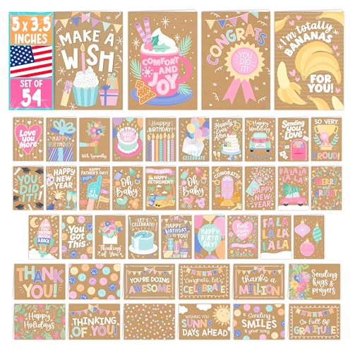 Hadley Designs Assorted Cards With Envelopes All Occasion - 54 Bulk Greeting Cards For All Occasions, Mixed Greeting Card Assortment, Birthday, Thank You, Congrats, Sympathy, Holiday Variety Card Pack