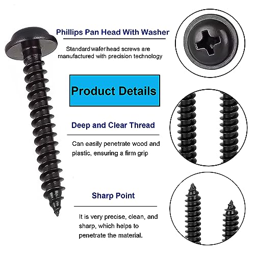 FandWay 125Pcs Self Tapping Screws Black,M4 Wood Screws Assortment,Pan Head With Washer Self Drilling Screw,Wafer Head Sheet Metal Screw Phillips Drive for DIY Woodwork Repairs - Image 4
