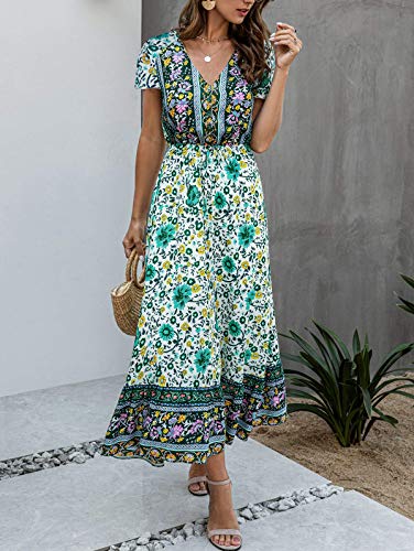 Temofon Women's Dresses Summer Bohemian Casual Short Sleeve Floral Print Maxi Dress Green Xl #TOP5