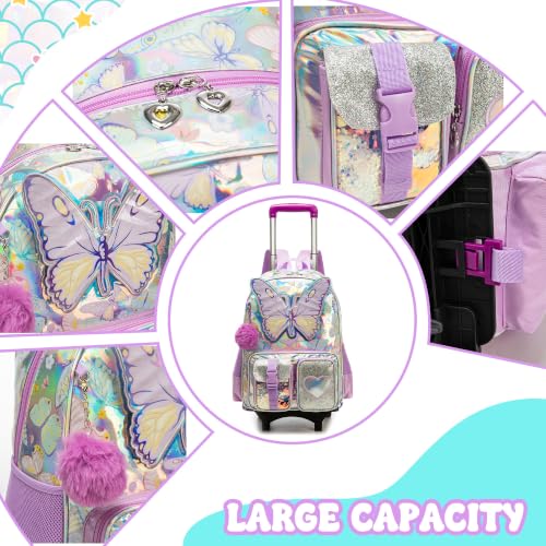 Image of HTgroce Kids Rolling Backpack for Girls Backpack with Wheels 3pcs Rolling Backpacks for Kids, 16.5 inch Roller Backpacks for Girls with Lunch Box Pencil Case
