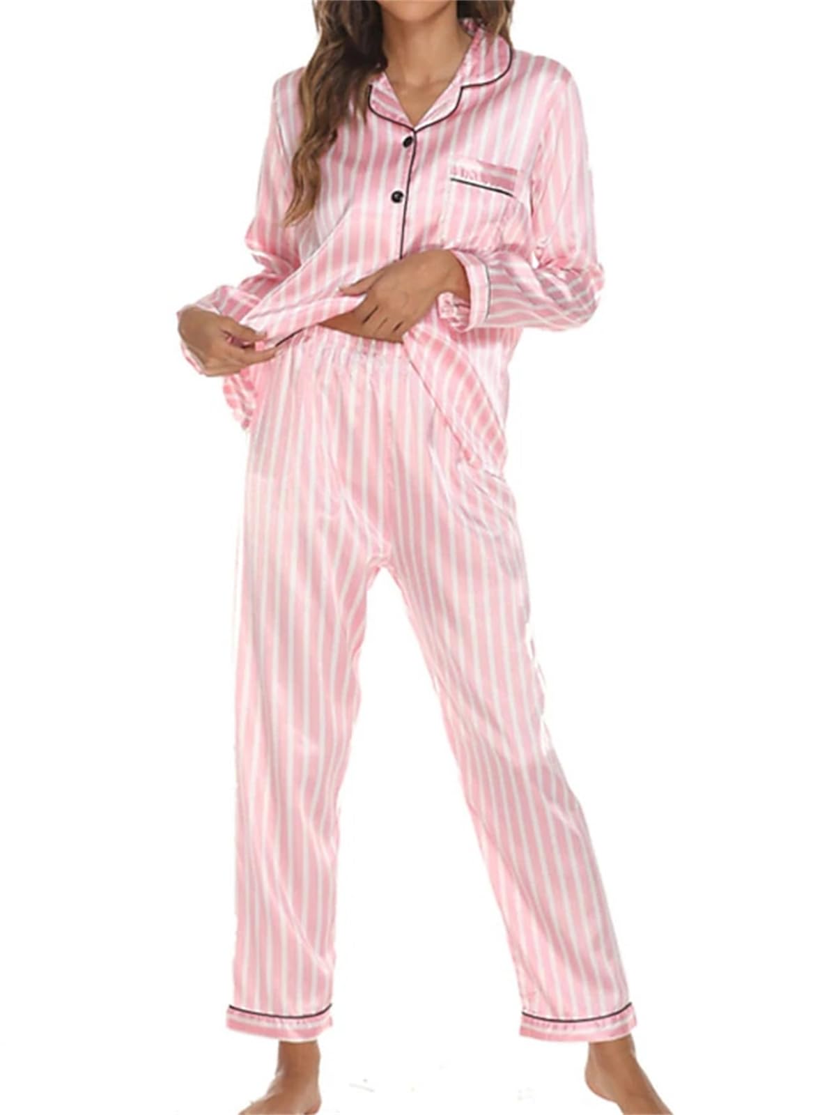 Pyjamas pour Femmes Ensembles Pjs 2 pièces Mode Confort Accueil Satin Revers Pantalon à Manches Longues Bouton Automne Printemps,Style 3,L