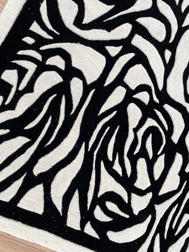 Image of Handmade Tufted Irregular Shape Wool Area Rug Botanical Design, Thick & Soft Carpet for Living Room, Bedroom Hall Room Color Black Size 6x8 feet (180x240cm)