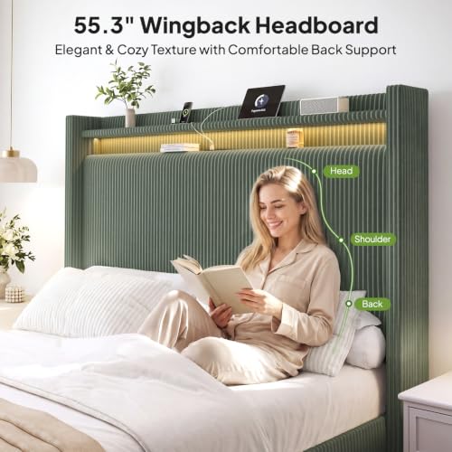 Image of Queen Size Bed Frame with 55.3 inch Tall Headboard, Corduroy Upholstered,Green