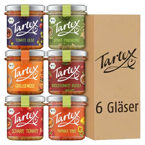 Tartex Bio Brotaufstriche Herzhaft | Veganer Aufstrich | Kennenlernbox Marktgemüse | 6 Gläser im Vorteilspack | lecker auf Brot oder als Dip | 815g