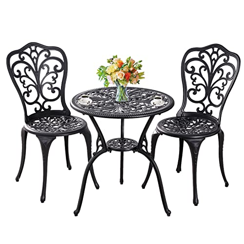 Withniture Outdoor Bistro Set 3 Piece Cast Aluminum Patio Bistro Sets, All Weather Bistro Table Set With Umbrella Hole, Bistro Table And Chairs Set Of 2 For Porch, Yard, Balcony, Black #TOP7