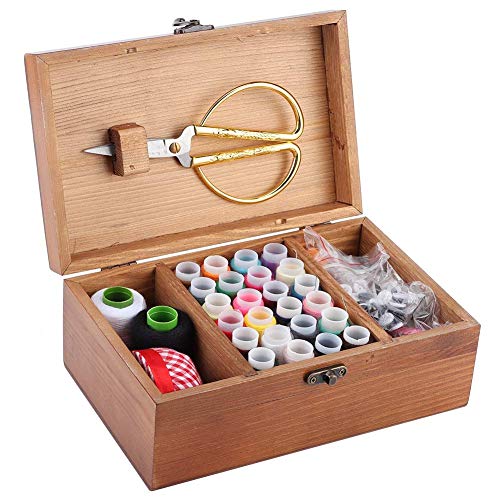 Boîte de couture en bois kit débutant avec fils aiguilles ciseaux