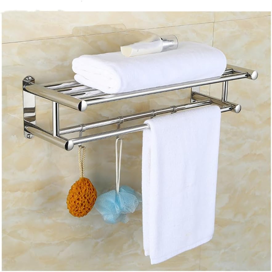 ステンレススチール バスルームシェルフ タオルバー フック付き ハンギングロッドホルダー 壁掛けハンガー タオルレールラック バスル