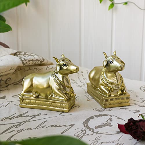 Hindu Nandi Holy Cow Statues - 2Pcs Gold Nandi Cow Sitting Position Statue For House Temples Puja Home Decor Diwali Gift #TOP2