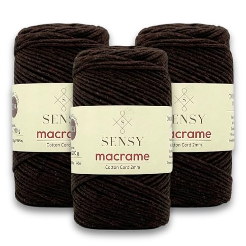 S Sensy 2mm Cotton-Recycled Cotton Macrame Cord 3 Pack Dark Brown 159 Yards