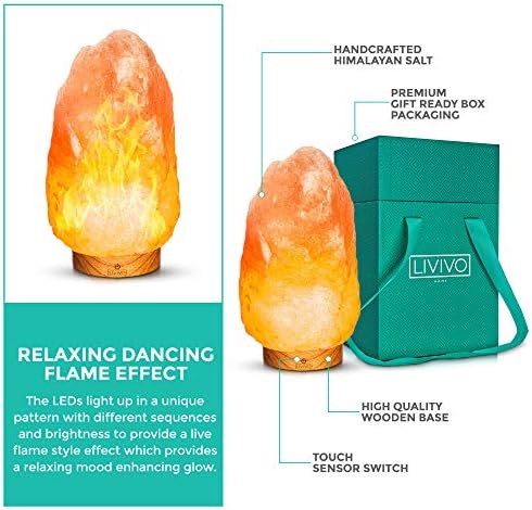 LIVIVO Deluxe Himalayan Salt Lamp - Premium Crystal Hand Crafted Pink Rock Wood Base With Flame Effect LED - 5-6 Kg