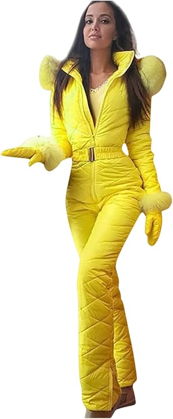 Womens Winter One Piece Ski Jumpsuit Waterproof Windproof Hooded Snowsuit, Removable Fur Collar, for Outdoor Sports