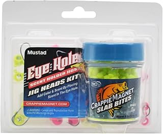 Crappie Magnet Eye Hole Bundle, Includes 12 Hammerhead Scent Holder Jig Heads, 12 Round Scent Holder Jig Head, and 1 Jar Crappie Magnet Slab Bites