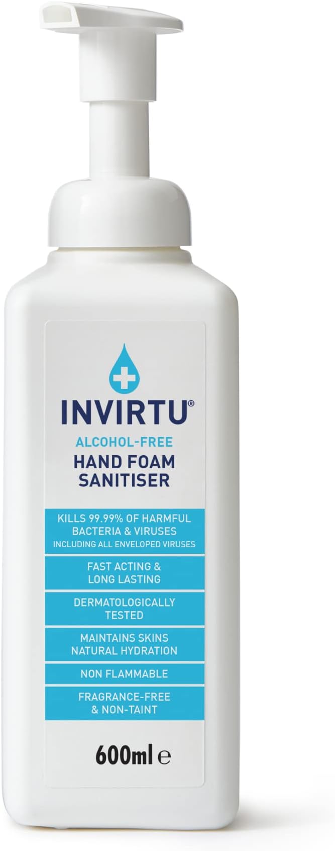INVIRTU Alcohol Free Antibacterial Hand Sanitiser Foam (600ml) - Kills 99.9% Of Bacteria & Viruses - Large Hand Sanitiser Pump For Home & Professional Use – Non-Scented Disinfectant - Kind To Skin