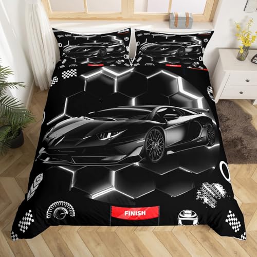 Housse de Couette Voiture de Sport 220x240 Noir Enfant Garçon, Parure de Lit Voiture de Course en Nid D'Abeille Néon, Sets de Housses de Couettes Jeux de...