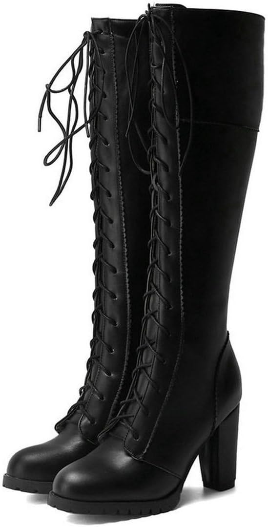 Luxmax women knee high boots lace up block heel zip up tall boots with bow  tie