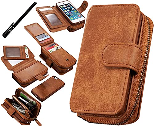 Urvoix For Phone Se 5S 5 Case, Premium Leather Zipper Wallet Multi-Functional Handbag Detachable Removable Magnetic Case With Flip Card Holder Cover For Appple Iphone 5 5S Se #TOP19