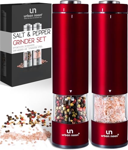 Electric Salt and Pepper Grinder Set - 2 Battery Operated Stainless Steel Mills with Light (Elegant Red Burgundy) - Automatic One Handed Operation - Electronic Adjustable Shakers - Ceramic Grinders