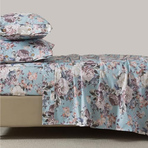 FADFAY Floral Sheets Set California King Size, 100% Cotton Bed Sheets 4 Pcs with Deep Pocket Fitted Sheet, Dusty Blue Vintage Botanical Bedding, Soft Crisp & Breathable Sheets for All Seasons