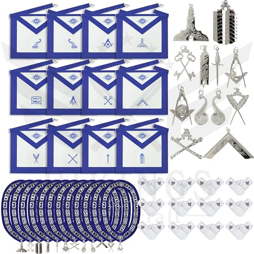 Set of 12 Masonic Blue Lodge Officer Regalia Kits – Includes 12 Aprons, 12 Chain Collars, 12 Jewels & 12 Embroidered Glove Pairs – Bulk Freemason Worshipful Master & Officer Set