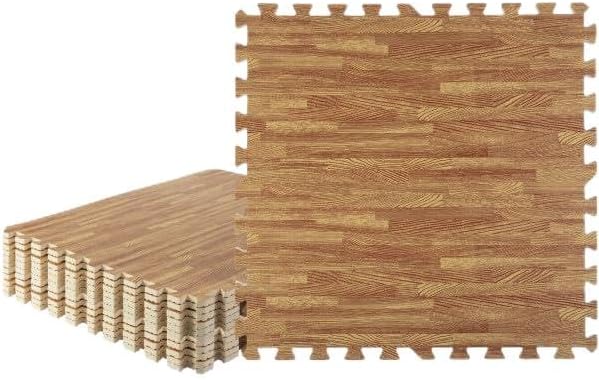 EVA Foam Floor Tiles 12-Pack - 48 SQFT Woodgrain Puzzle Mats for Floor - Interlocking Foam Tiles for Family Room or Gym Flooring by Stalwart (Light)
