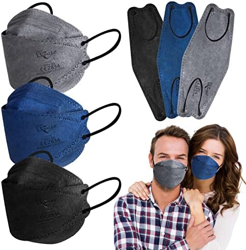 KKmier FFP2 Mask 30pcs, FFP2 N95 Face Masks UK, EN 149:2001+A1:2009 Certified Fish-shaped Face Mask for Women Men, 4-Layer Filters Particles 94%, Individually Wrapped (Black Blue Grey)