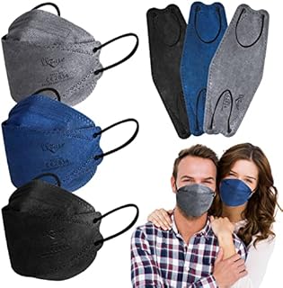 KKmier FFP2 Mask 30pcs, FFP2 N95 Face Masks UK, EN 149:2001+A1:2009 Certified Fish-shaped Face Mask for Women Men, 4-Layer Filters Particles 94%, Individually Wrapped (Black Blue Grey)